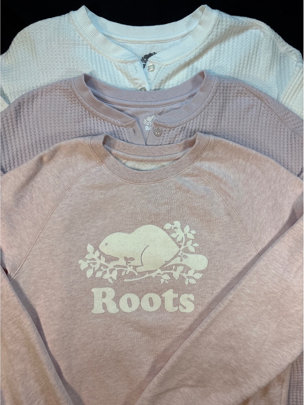 Roots Canada Women’s 3 Shirt Lot Thermal Henley Sweatshirt Beaver Logo